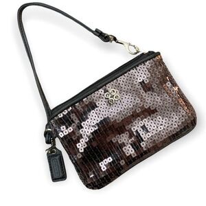 Coach Sequin Wristlet Clutch Pouch Leather Trim Zip Up Wallet Silver W/ Hang Tag
